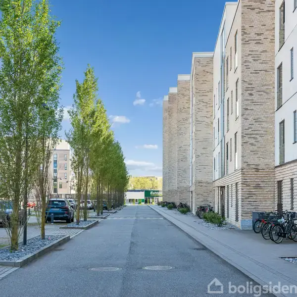 Flere etagebygninger i mursten står langs en vej med parkerede biler og cykler. Træer flankerer vejen, der fører mod en klar, blå himmel.
