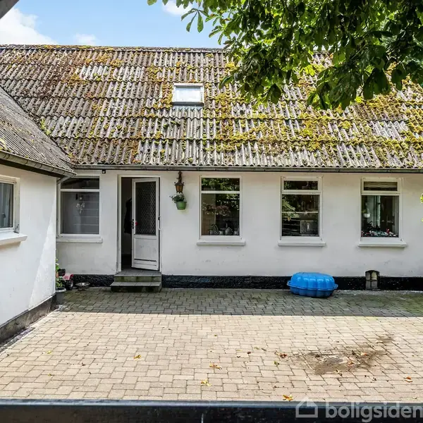 Huset har et hvidt ydre med et skråt tag dækket af mos. I gården står en blå plastikbalje. Omgivet af frodige, grønne træer og blomster.