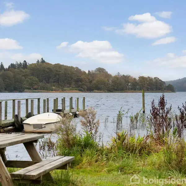En træbænk står stille ved en søbred, mens en lille bådebro strækker sig ud over vandet. Omgivet af græs og skov i baggrunden under en blå himmel.
