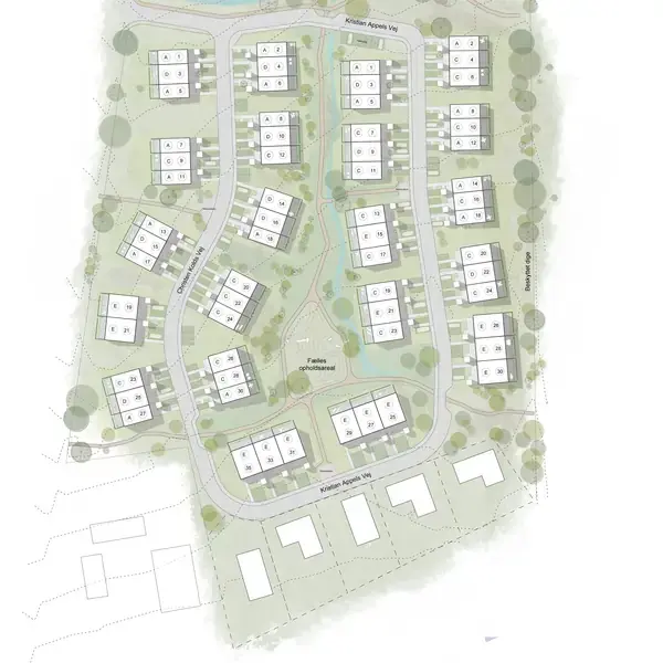 Gruppe af boligblokke er arrangeret omkring veje. Tilknyttede numre identificerer hver blok. Området er omgivet af grønne områder og træer. Veje inkluderer "Hudens Agrøder Vej" og "Mølleåparken".