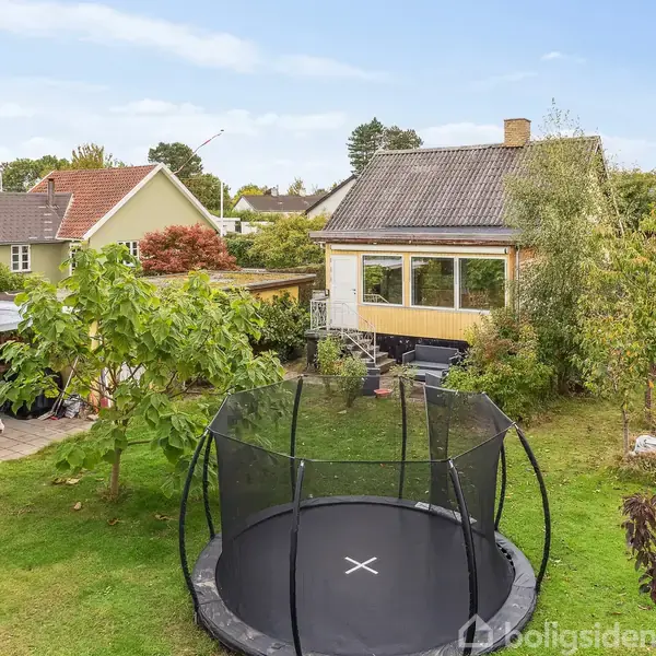 Trampolin står på græsplæne i en have omgivet af buske og træer. Et hus med gul facade og store vinduer ses i baggrunden, naboer og beplantning omkring.