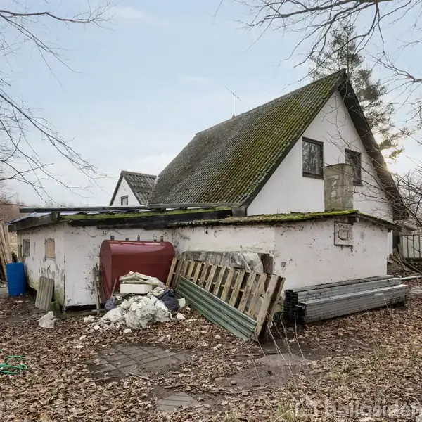 Et forfaldent hus med mosdækket tag står i en rodet have omringet af nøgne træer. Flere genstande, som træpaller og metalrør, er spredt omkring husets omkreds.