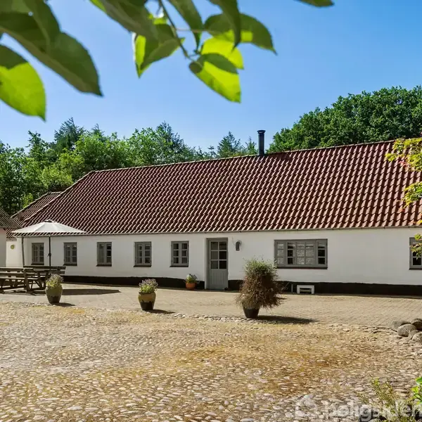 Hvid landsbyhus med rødt tegltag står stille omgivet af grønne træer, stenbelagt gårdsplads, og blomsterkrukker.