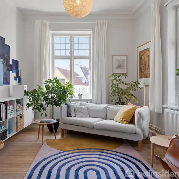 En lys stue med en hvid sofa foran store vinduer. Sofabordene og planter skaber hygge. Bogreol fyldt med bøger og kunst på væggene bidrager til en moderne atmosfære.