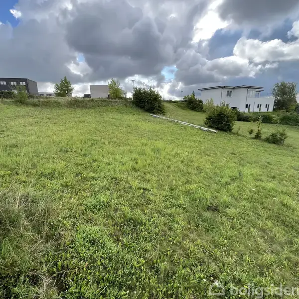 Græsplæne skråner opad; omgivet af buske og træer. I baggrunden ses moderne bygninger under overskyet himmel.