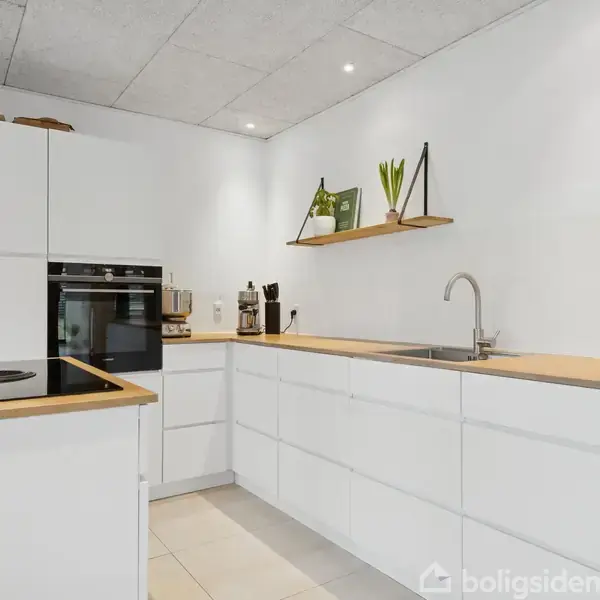 Et moderne køkken med hvide skabsfronter. Enkelt indbygget ovn og kogeplade. På en hylde står planter og bøger. Vask med armatur og køkkenredskaber i en beholder.