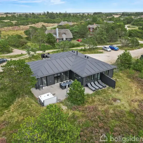 Et moderne sommerhus med sort tag og terrasse står stille blandt grønne omgivelser og træer. Flere små huse og parkerede biler ses i baggrunden.