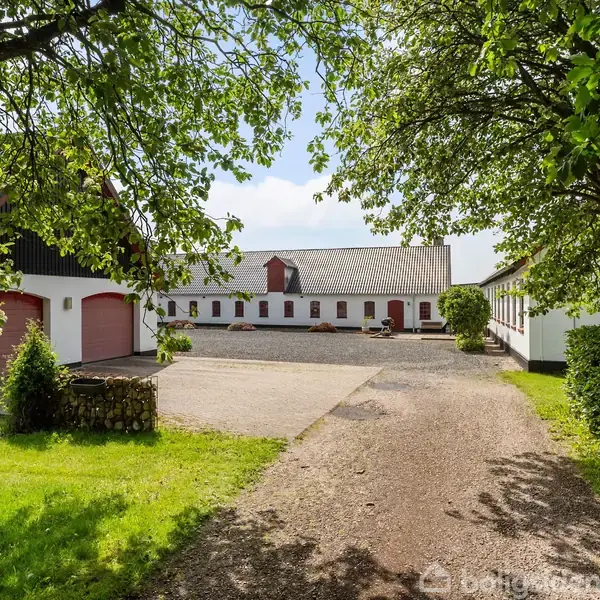 En gård med hvidkalkede stenbygninger og røde døre står stille i et solbeskinnet gårdspladsmiljø. Store træer omkranser den grusbelagte adgangsvej, der leder til bygningerne.