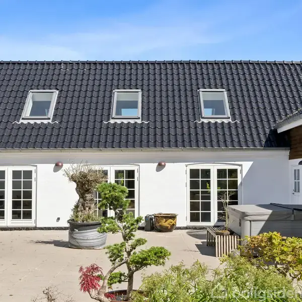 Hus med sort tegltag og hvide vægge har tre glasdøre, omgivet af en gårdhave med planter. Vinduerne i taget indikerer ovenlysværelser. Klar blå himmel danner baggrund.