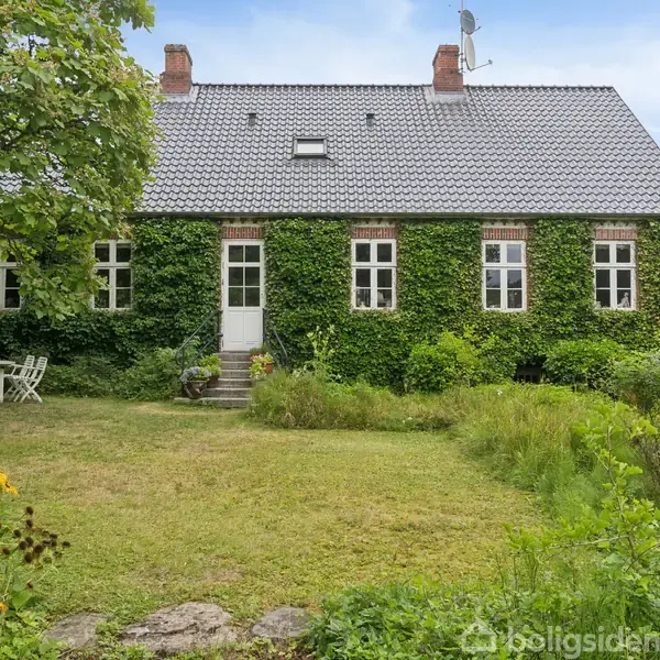 Et hus dækket af vedbend står stille i en frodig have med en græsplæne og blomster. Til venstre ses et havesæt under et træ.