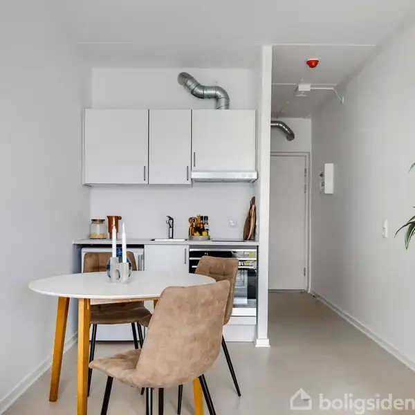 Et lille køkkenområde med runde spisebord og to stole står i et lyst rum. Der hænger hvidt skab over en vask samt kogeplade, med en stor grøn plante til højre.