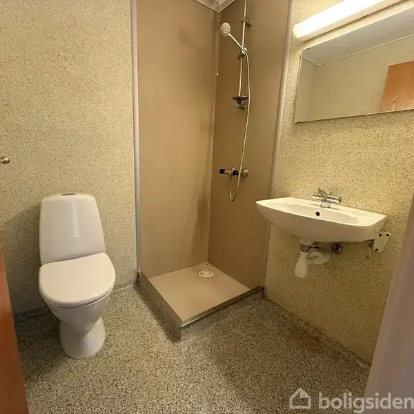 Toilet står ved siden af en brusekabine. Håndvasken er monteret på væggen under et spejl. Gulvet og nogle vægge har en stengrå finish. Ingen tekst er synlig.