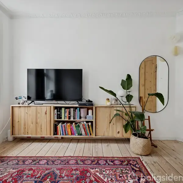 Fjernsyn står på et træskab med bøger og med et rundt spejl og plante ved siden af. Et stort vindue lader lys ind i rummet og et orientalsk tæppe dækker gulvet.