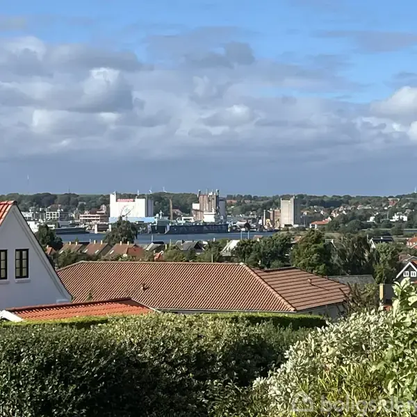 Hus med rødt tag står i forgrunden, omgivet af grønne hække, med udsigt over en by med industrielle bygninger og skove under en skyet himmel.