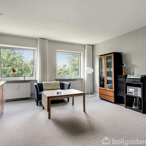 Stue med sofa og bord står foran to store vinduer, der viser grønne træer udenfor. Til højre en reol med stereoanlæg. Væggene er lyse og gulvtæppet gråt.
