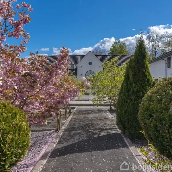 En brostensbelagt sti fører gennem en have med blomstrende træer og buske. I baggrunden ses en hvid bygning med et mørkt tag under en klar blå himmel med skyer.