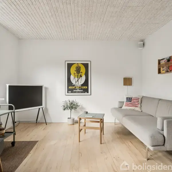 Moderne stue med en grå sofa, lille sofabord, væghængt plakat og reol. Et fladskærms-tv står på en stander ved siden af en stor, solbelyst vindue.