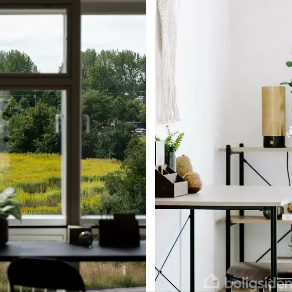 En stue med skrivebord i forgrunden, hvor planter står på bordet. Til venstre ses en stor vindue med udsigt til grønt landskab.