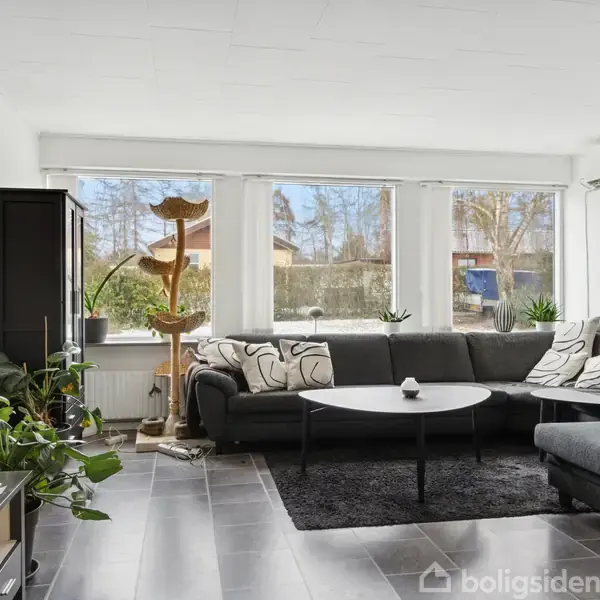 En stor sort sofa står i en lys stue med et sofabord foran sig. Der er grønne planter omkring, og store vinduer viser en have udenfor.