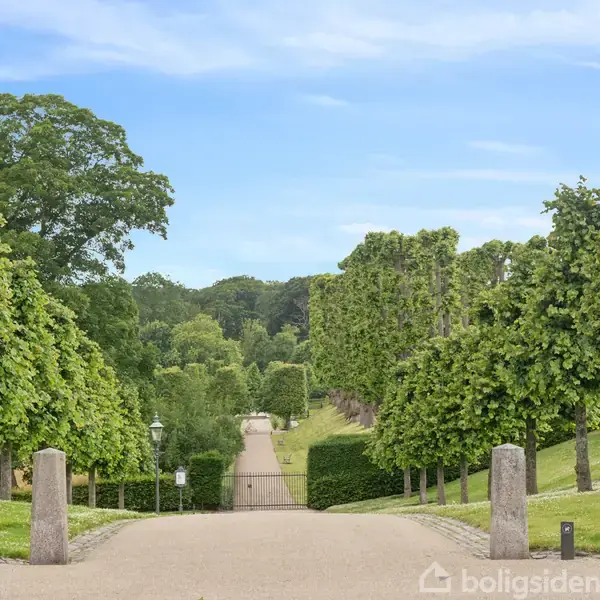 En bred grussti strækker sig mellem to rækker af velplejede træer. En lanterne står til venstre, med en baggrund af bakkede, skovklædte områder under en klar blå himmel.