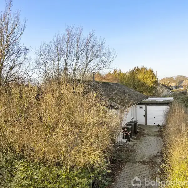Garage med hvid dør omgivet af tæt buskads langs en brolagt indkørsel. Husene i baggrunden er delvist skjult af frodige træer og buske under en lys blå himmel.