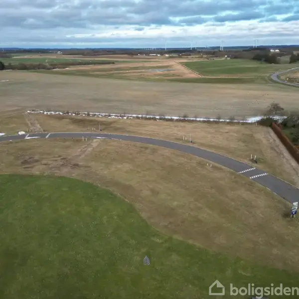 En snoet vej ligger stille, omgivet af åbne markområder og spredte træer under en overskyet himmel. Vejens kurver skaber en markant kontrast mod det omkringliggende græsland.