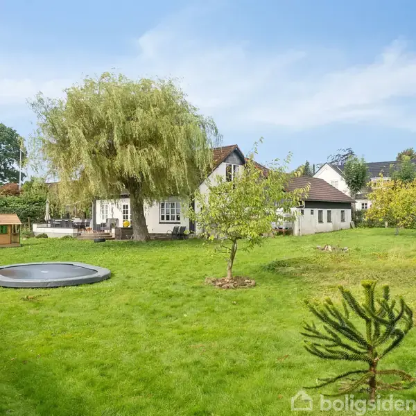 En trampolin er nedgravet i en stor, grøn have, hvor der også er et legehus. I baggrunden ses et stort træ, et hvidt hus og andre huse.