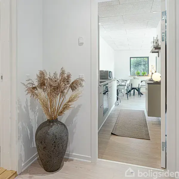 En vase med tørrede blomster står i en lys gang. Til venstre ses et badeværelse med kurv, og fremad er et køkken med tæppe og spisebord ved vinduet.