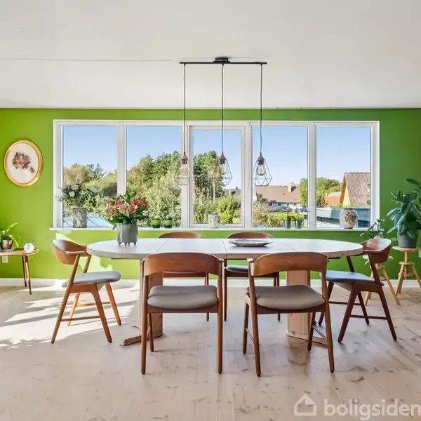 Et spisebord med stole står i centrum af et lyst rum. Bordet er pyntet med blomster, mens store vinduer i baggrunden giver udsigt til en frodig have.