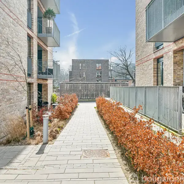 Gadeomgivelse med gangsti mellem moderne murstensbygninger. Røde buske pryder begge sider, og smalle altaner er synlige på bygningerne. Vegetation og blå himmel skaber en fredelig stemning.