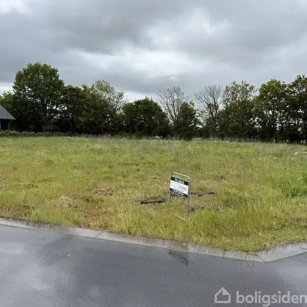 Grøn græsbevokset grund med til salg-skilt, i et åbent område med en mørk himmel. Skiltet siger "NYHED" og "Grundmæglerne." Til venstre ses et hus, omkranset af træer.
