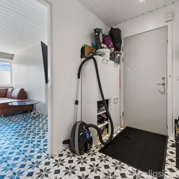 Støvsuger står i entréen mod en hvid væg, omgivet af skohylde og dør. I tilstødende rum er der en brun hjørnesofa ved vinduer med sort-hvide mønstrede gulvfliser.