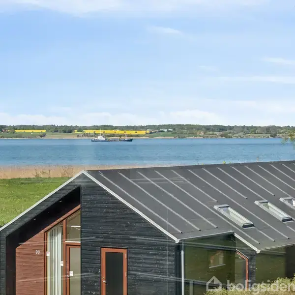 Et sort træhus står med et bliktag foran en sø, hvor en båd sejler forbi marker med gule blomster under en blå himmel. En stor trægren er til højre.