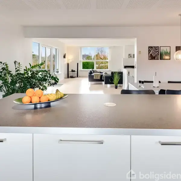 Køkkenø med frugtskål fyldt med appelsiner og bananer; i baggrunden ses en stue med sofagruppe, bord og stol samt billeder på væggene, og hængende lamper.