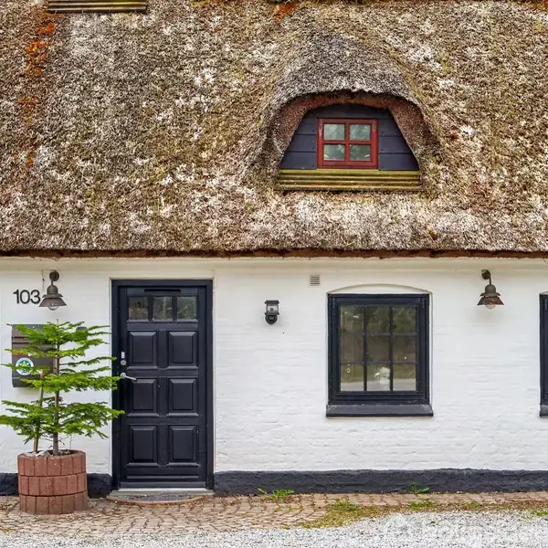 Stråtagshus med sort trædør og hvide vægge; vinduer til venstre og højre. Nummeret "103" ses nær døren. En lille gran i en potte står foran huset.