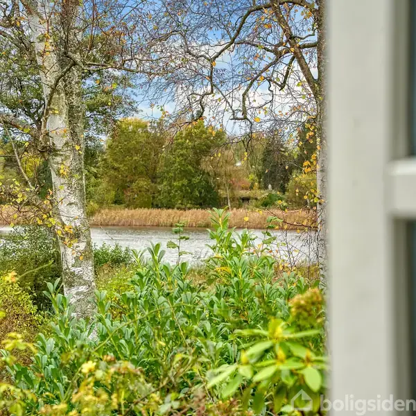 Et vindue med hvid ramme åbner ud til en have med grønne buske og træer. I baggrunden ses en sø og tætte skove, mens himlen er blå med skyer.