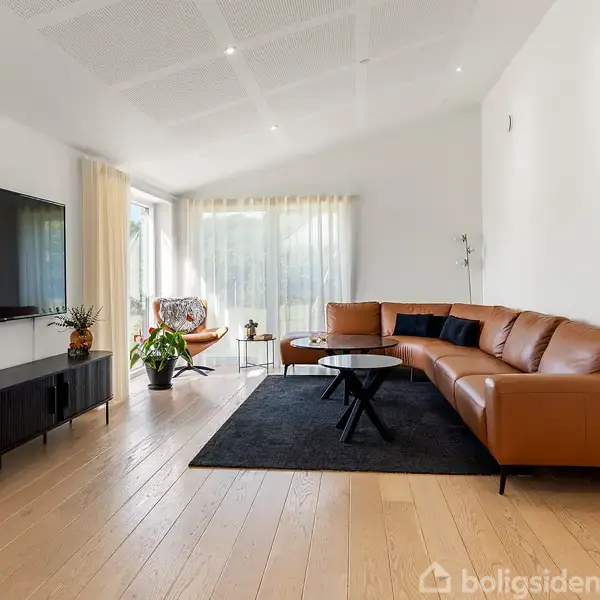 Brun hjørnesofa står på sort tæppe i moderne stue med trægulv. Fladskærms-TV monteret på hvid væg over sort skænk. Store vinduer med lyse gardiner bag sofaen. Indendørs plante ved vinduet.