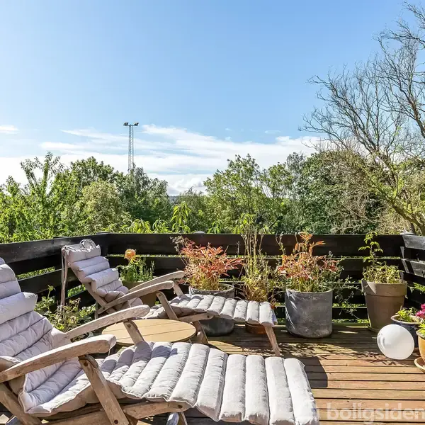 To liggestole med puder står på en træterrasse omgivet af grønne planter i krukker, under en klar blå himmel. Terrassehegnet er sort, og omgivelserne er fyldt med træer.