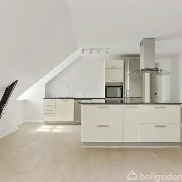 Køkken med glat, hvidt interiør indeholder en central ø og moderne apparater. Ovenlys belyser rummet med et skråt loft. Der er en indbygget ovn og en emhætte.