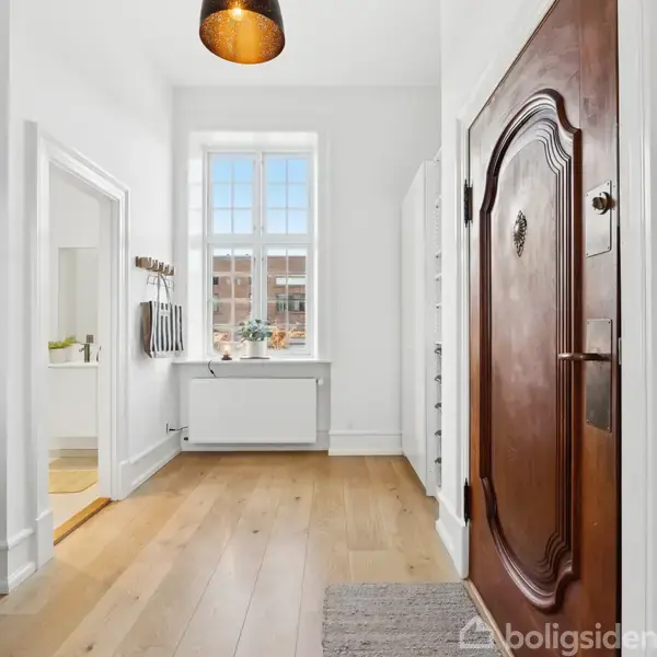 En elegant entré med en stor, indviklet udformet trædør til højre, dagslys fra et vindue i midten, planter på vindueskarmen, lyse trægulve og indgang til et badeværelse til venstre.