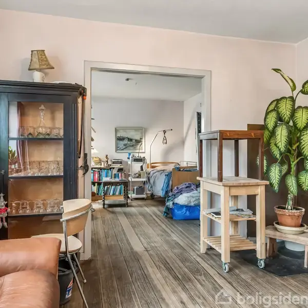 En stue med en brun lædersofa, en vitrineskab fyldt med glas, og en stor grøn plante i en potte. Et åbent dørhul fører til et værelse med en seng og bogreoler.