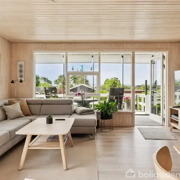 En stue med en grå hjørnesofa og firkantet bord i centrum. Et fjernsyn står på et skab mod højre. Store vinduer giver udsigt til en overdækket terrasse med planter udenfor.