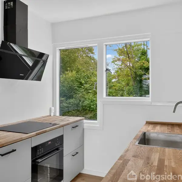 Moderne køkken med en sort emhætte over en induktionskogeplade. Træbordplader omgiver en indbygget ovn og vask. Store vinduer med udsigt til grønne træer.