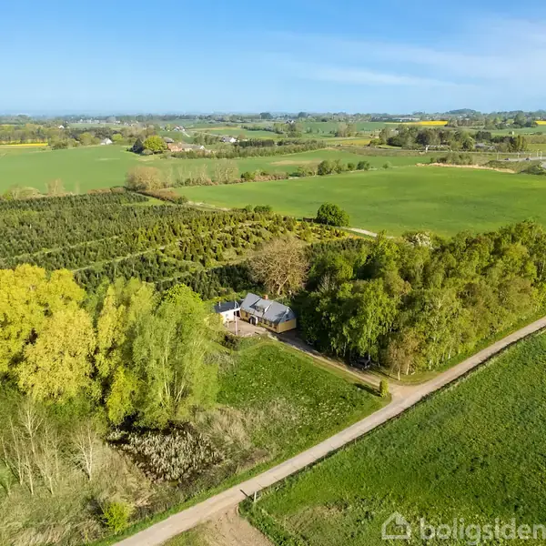 Hus omgivet af tætte træer og marker, beliggende på en landvej. I baggrunden ses åbne grønne marker og en bred blå himmel.