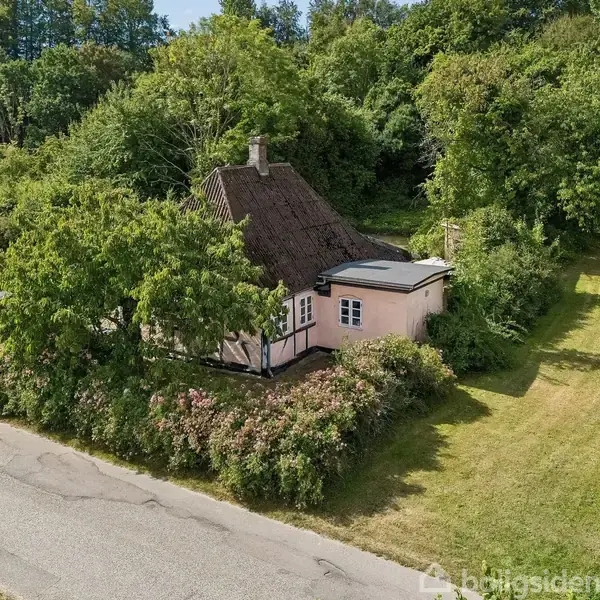 Et lyserødt hus med stråtag er omgivet af frodig vegetation og placeret ved siden af en vej. En velplejet græsplæne omgiver huset, omgivet af tætte træer og buske.