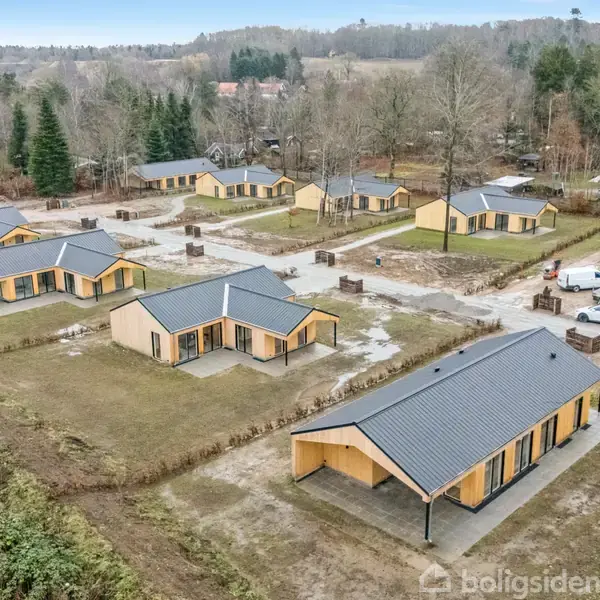 Flere moderne, enkeltstående huse med gråt tag er placeret i et åbent område omgivet af træer og skovlandskab. Græsarealer og indkørsler adskiller bygningerne.