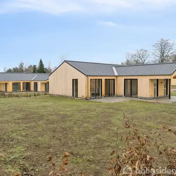 Et moderne, enkelt træhus med store vinduer står på en åben græsplæne. Flere lignende huse ses i baggrunden, omgivet af træer og en klar, blå himmel.