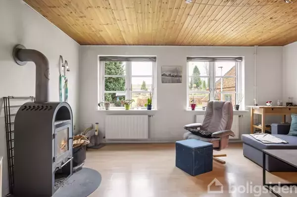 Brændeovn står varmende i en lys stue med trægulv og loft. Der er to store vinduer, en lænestol, sofabord og flere planter.