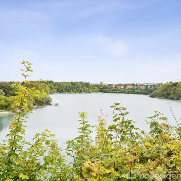 En sø omgivet af frodig vegetation; i baggrunden ses spredte bygninger og en blå himmel med let skydække.