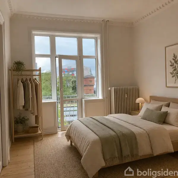 Soveværelse med dobbeltseng dækket af grønne og beige tæpper, placeret ved siden af to natborde med lamper. Ved siden af vinduet står et tøjstativ med hængende tøj. På væggen hænger et plantebillede.